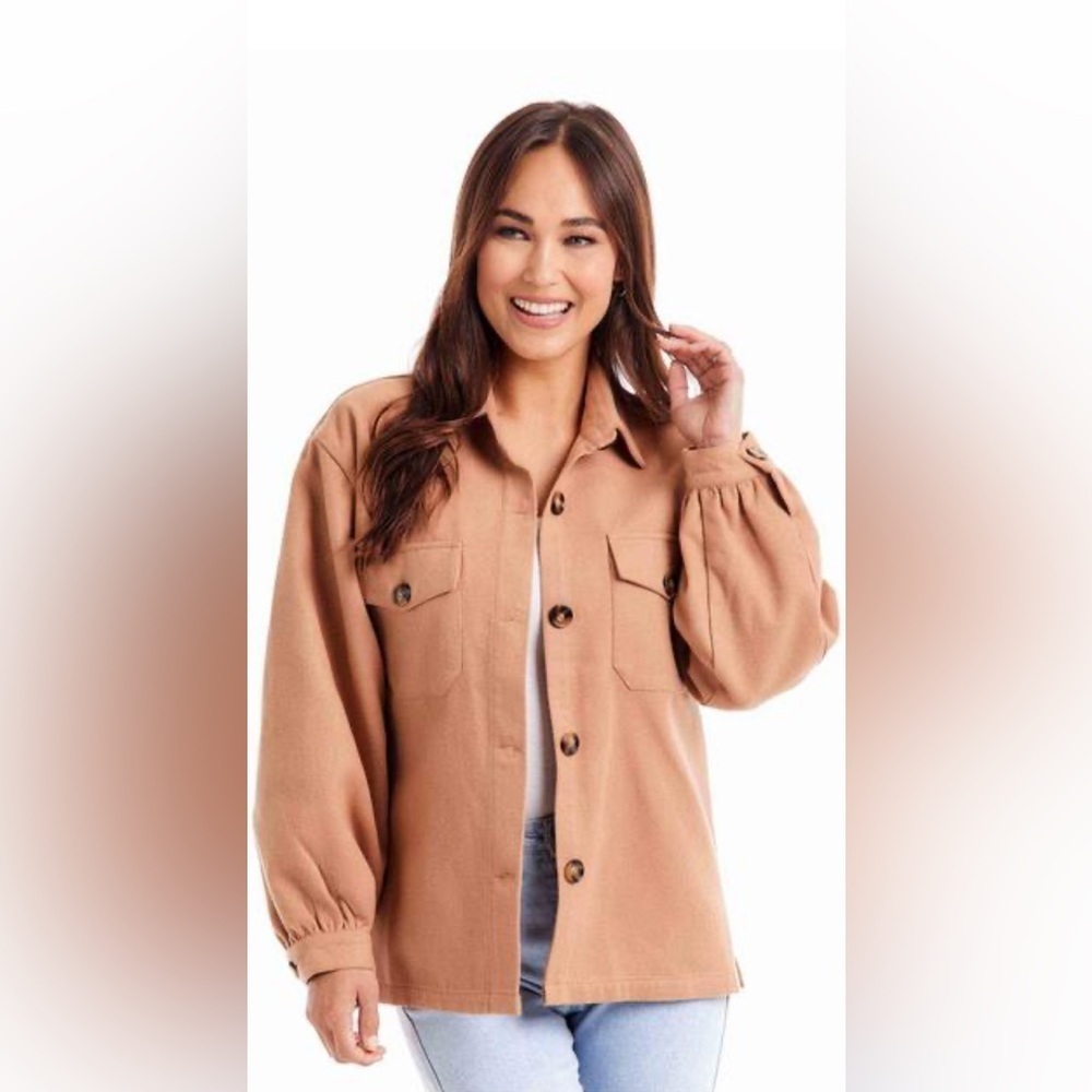 NWT Mudpie Tan Felt Shacket Button Down Oversized Relaxed Cozy Winter Size Small